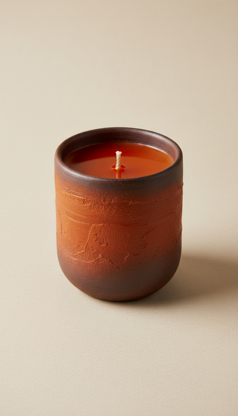 Handcrafted candles and ceramic lamps in terracotta tones