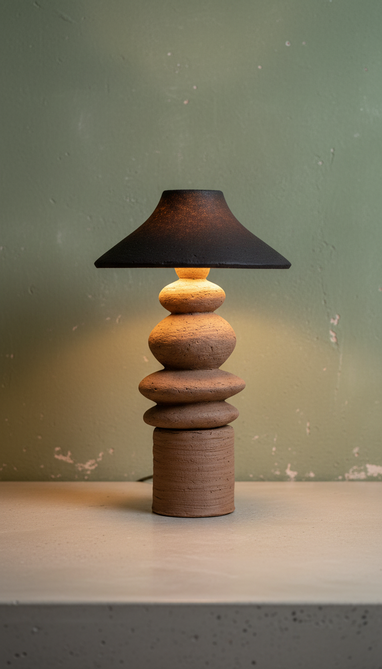 Handcrafted textured ceramic table lamp, styled in a home setting