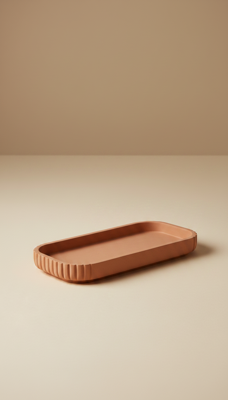 Terracotta accent display tray, styled in a home setting