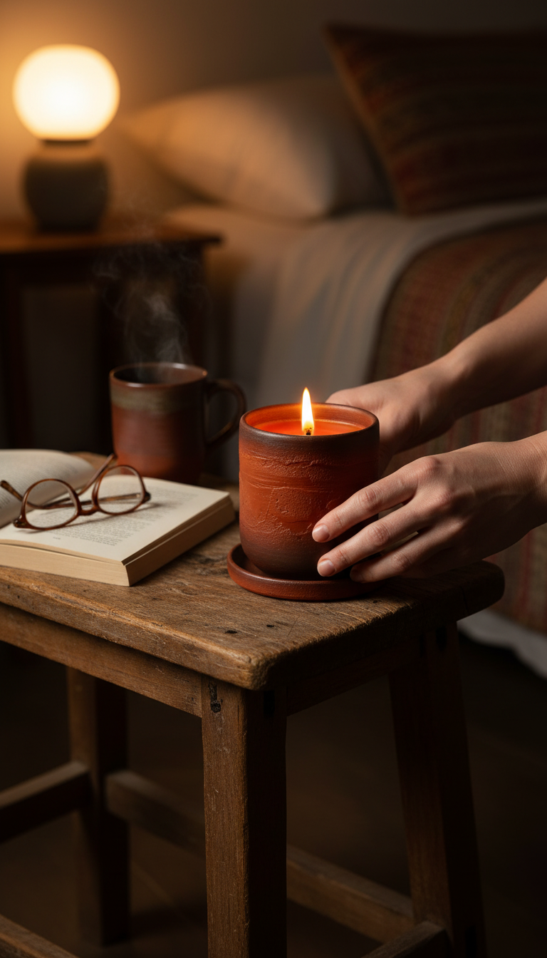 Deep orange soy candle in a ceramic vessel, view 3