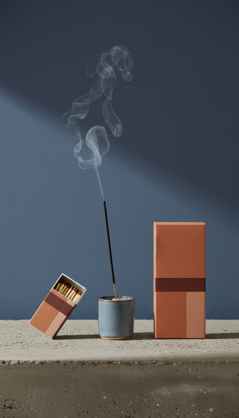 Designer matchbox in terracotta and rose, styled in a home setting