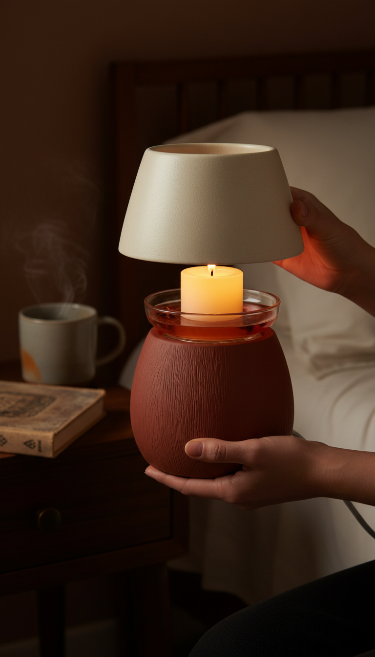 Earthy toned candle warmer lamp with a lit candle, view 3