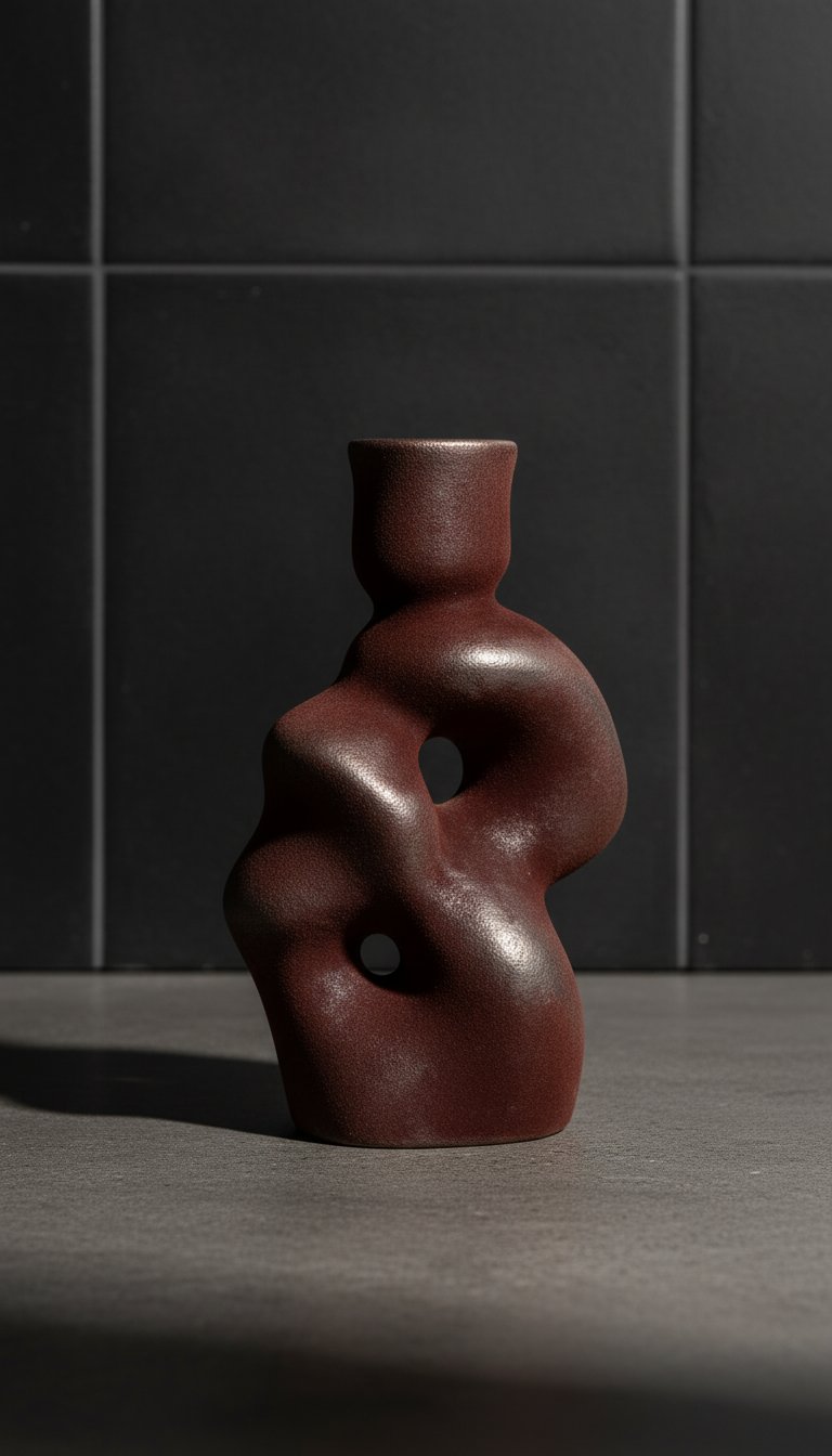 Oxblood velvet sculptural candleholder, styled in a home setting