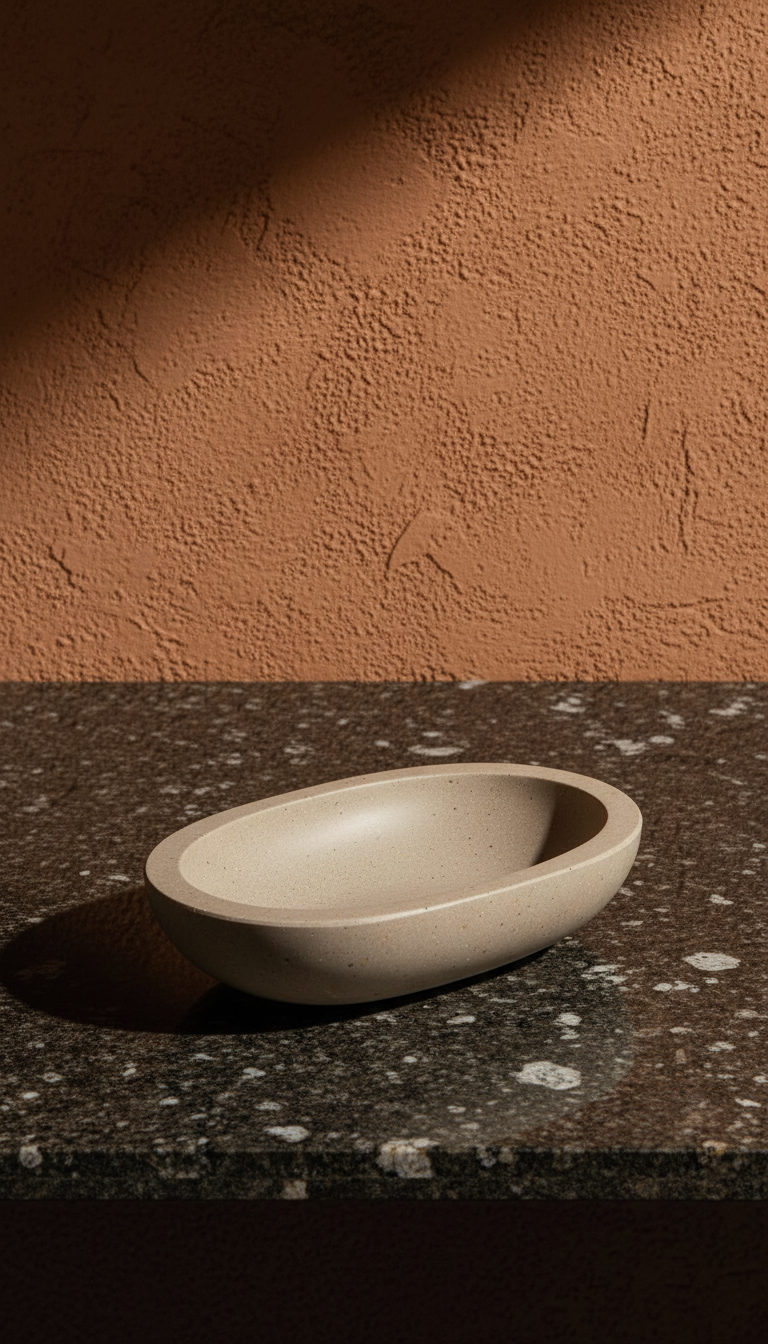 Dove taupe stone catchall bowl, styled in a home setting