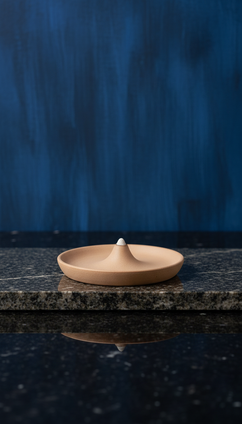 Ceramic incense holder with matte glaze, styled in a home setting