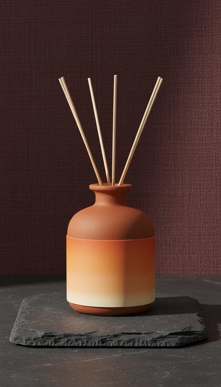 Terracotta Ember essential oil reed diffuser, styled in a home setting