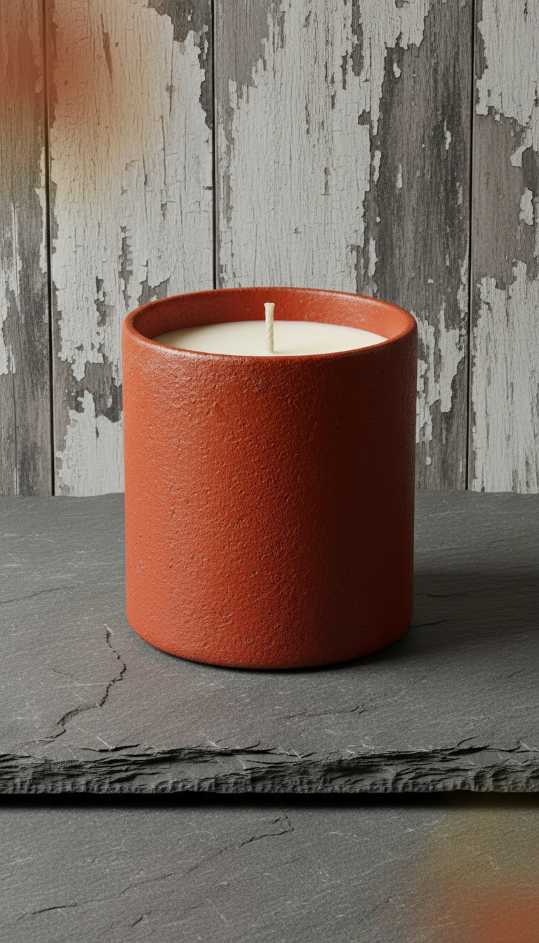 Rust red campfire scented candle, styled in a home setting