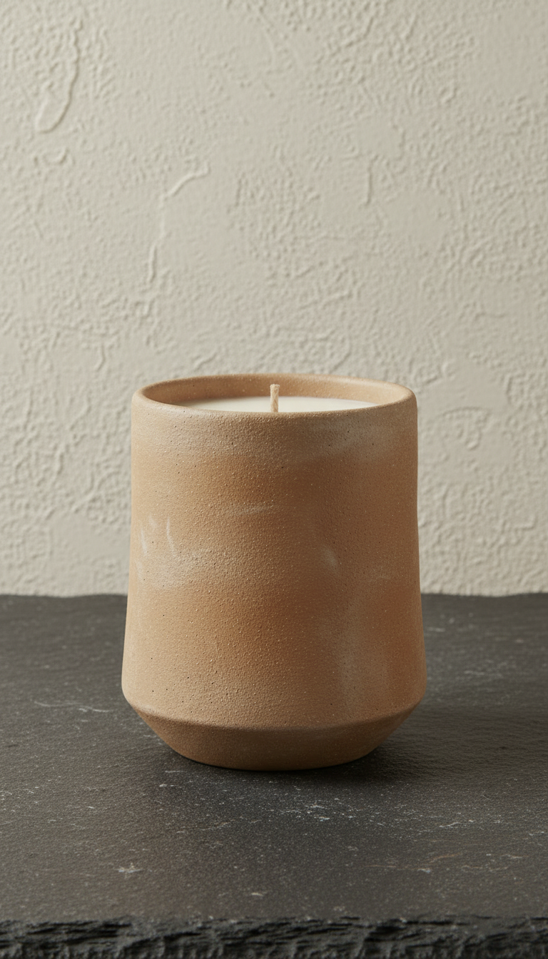 Earth clay scented candle, styled in a home setting