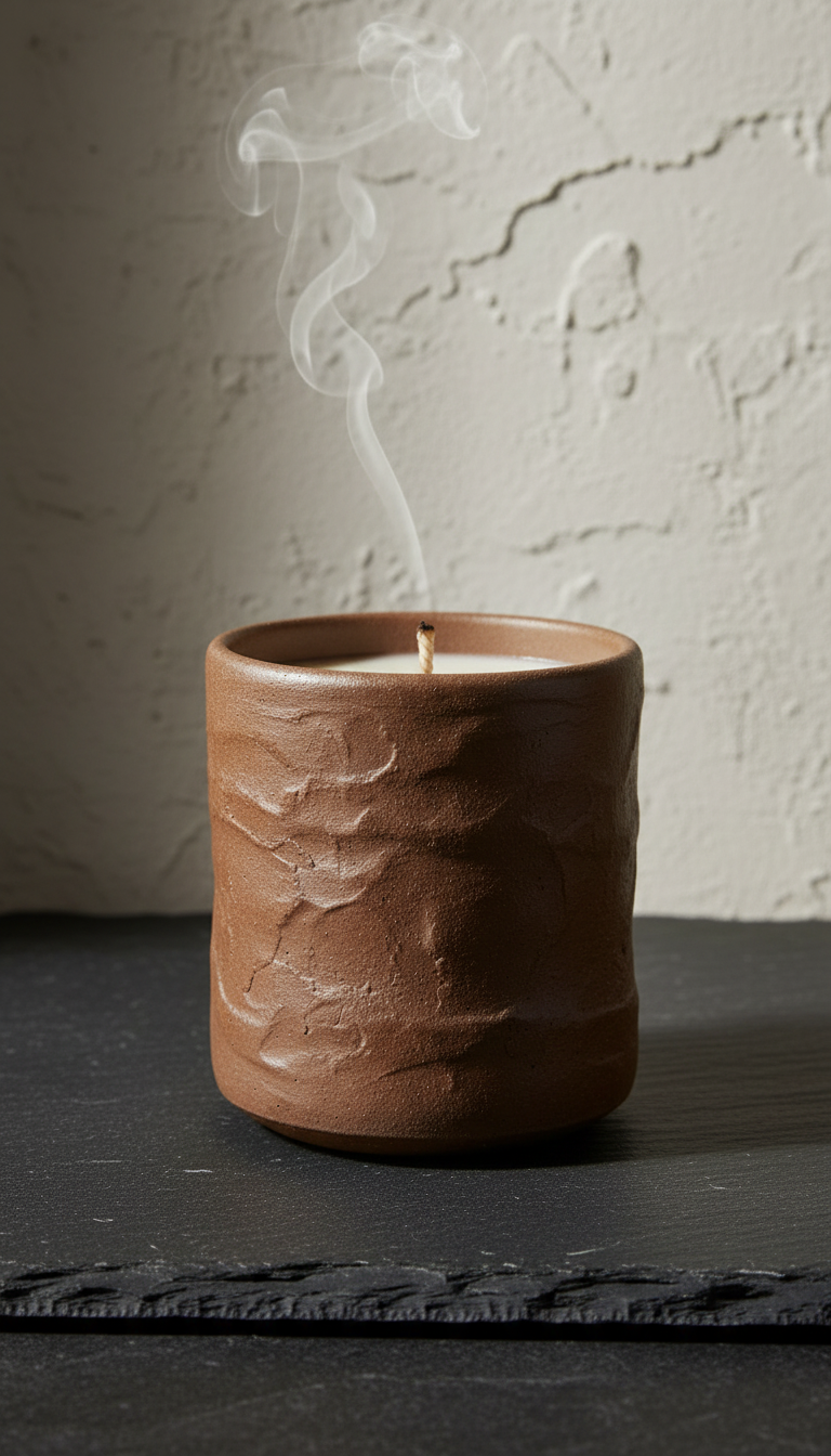 Luxury scented candle in an earthy brown container, styled in a home setting