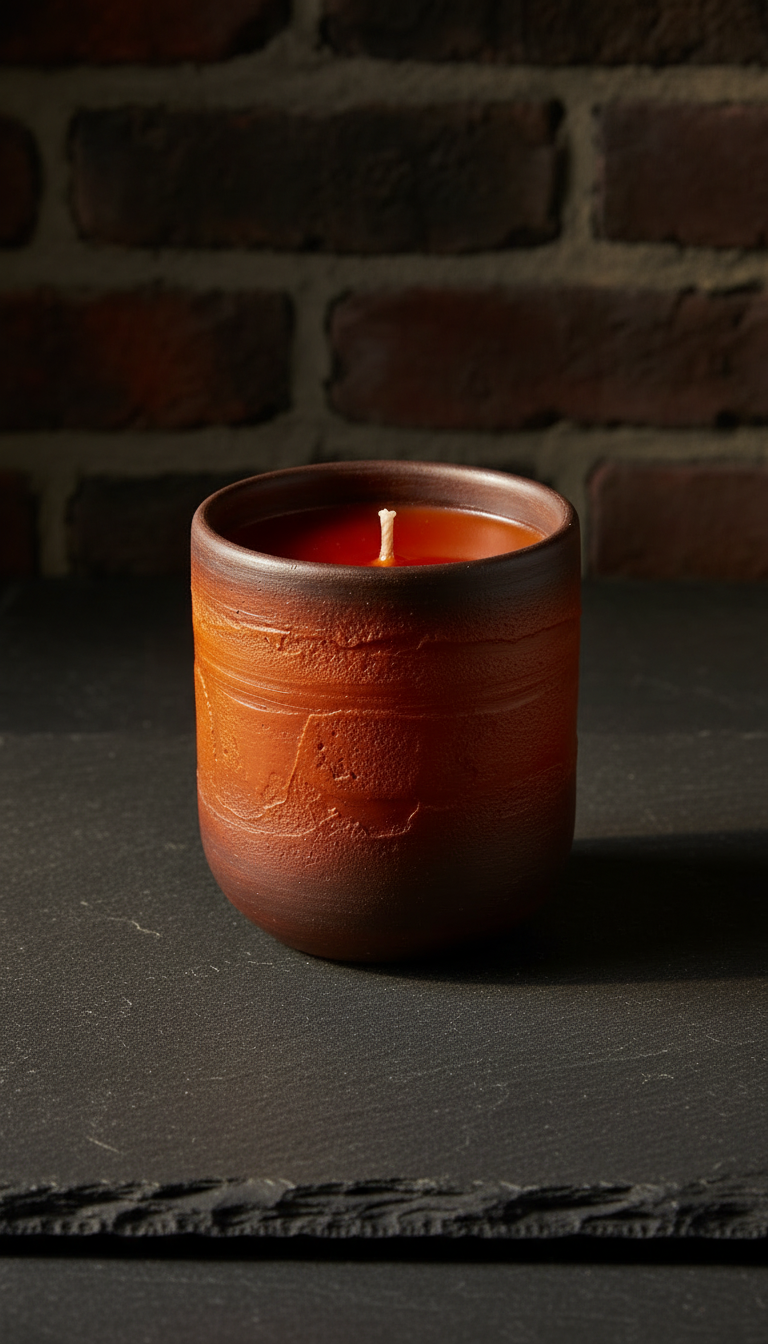 Deep orange soy candle in a ceramic vessel, styled in a home setting