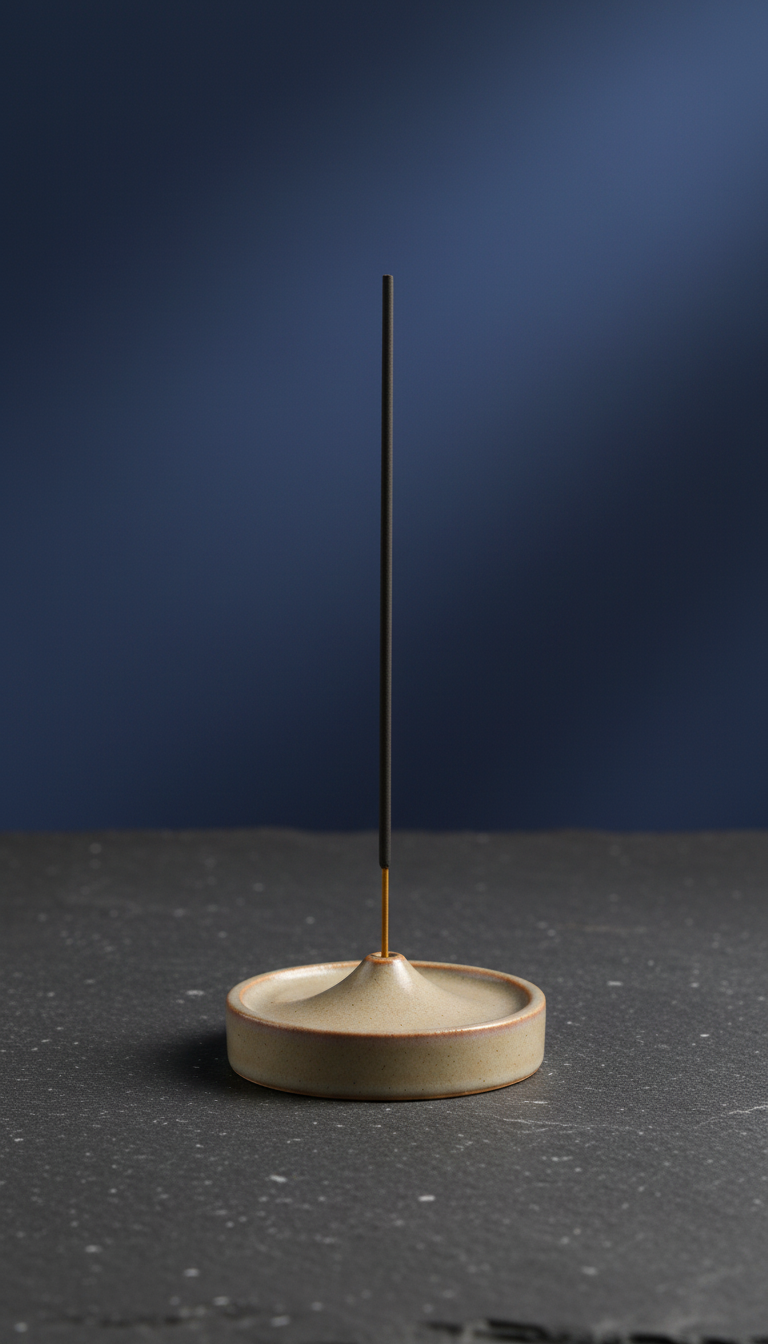 Incense sticks in a glazed ceramic holder, styled in a home setting