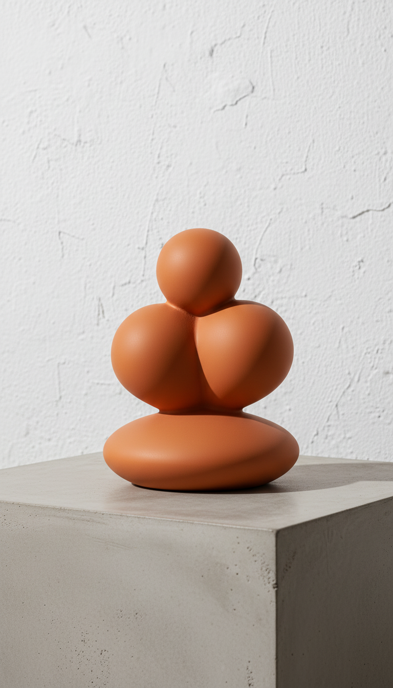 Sculptural orange decorative object, styled in a home setting