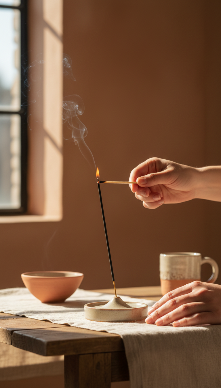 Incense sticks in a glazed ceramic holder, view 3