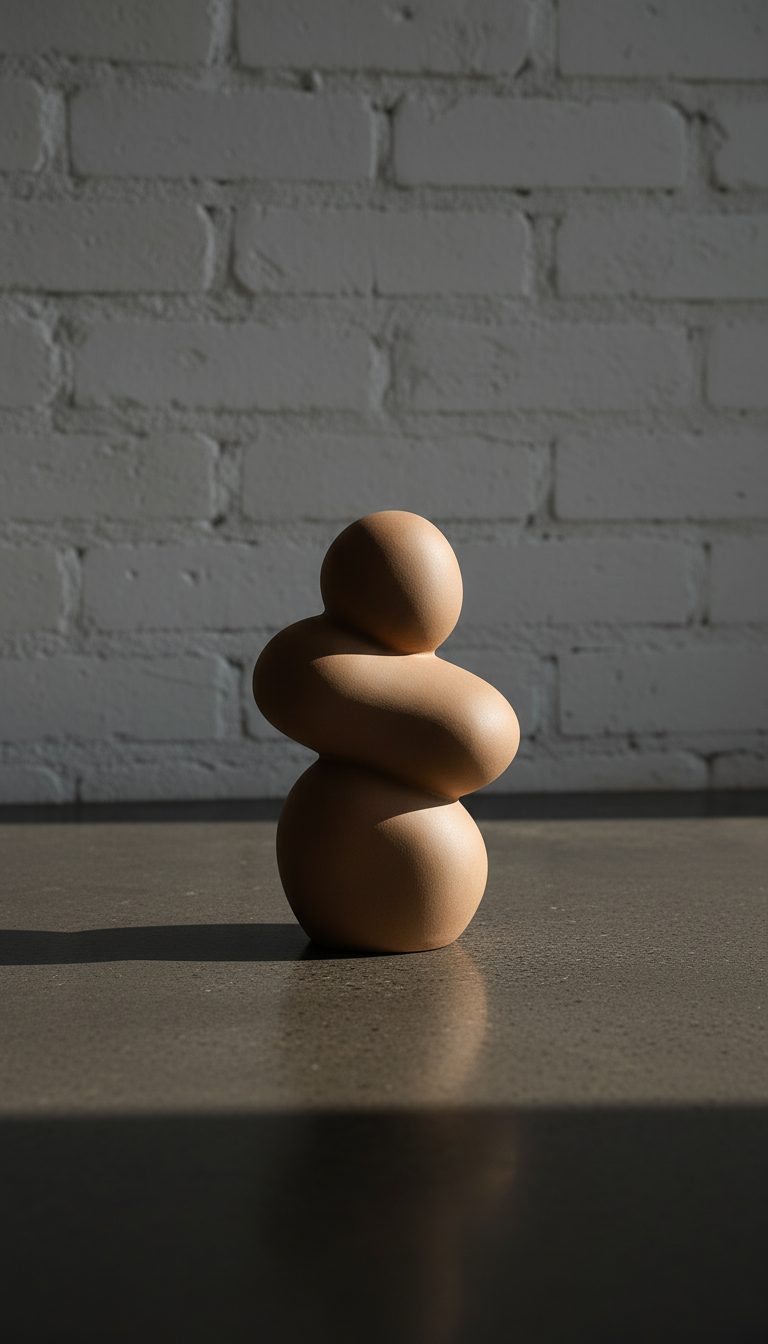Minimalist neutral ceramic sculpture, styled in a home setting