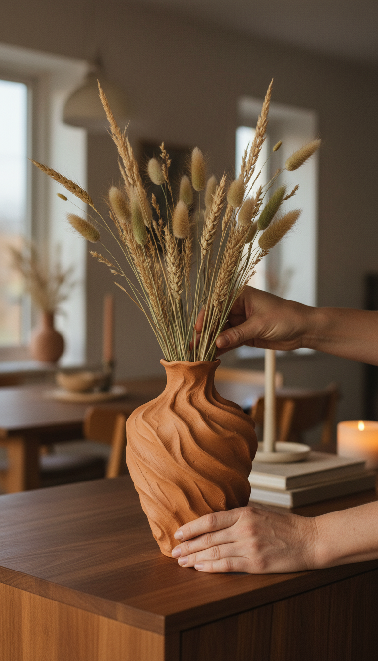 Textured burnt sienna ceramic vase, view 3