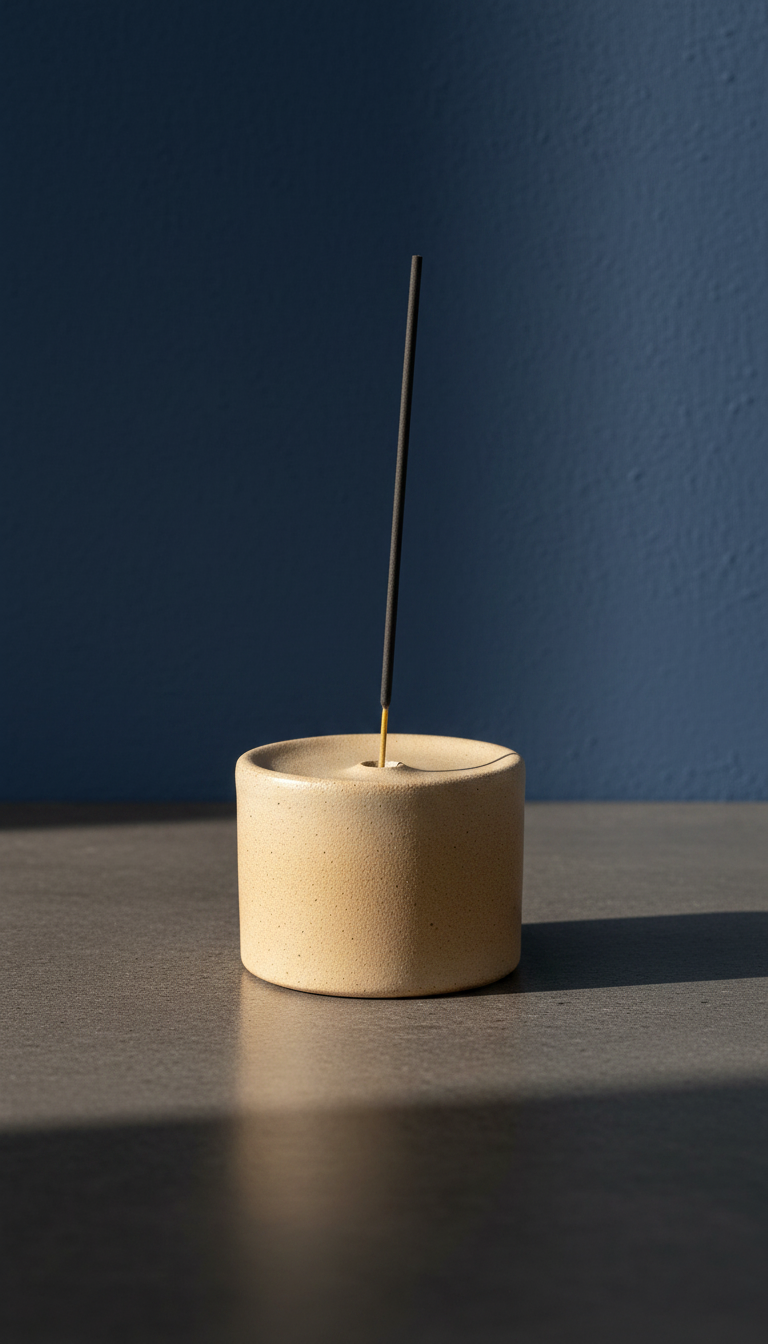 Minimalist stoneware incense holder with ash well, styled in a home setting