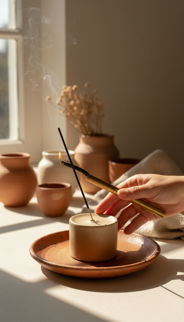 Minimalist stoneware incense holder with ash well, view 3