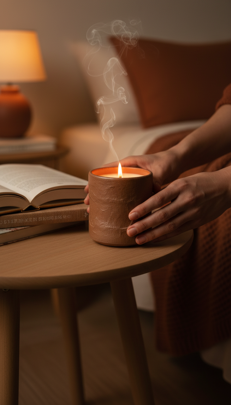 Luxury scented candle in an earthy brown container, view 3