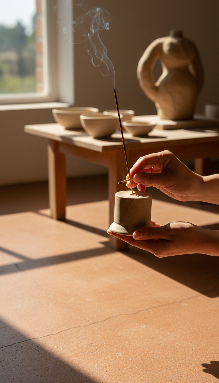 Beige ceramic incense holder with natural incense, view 3