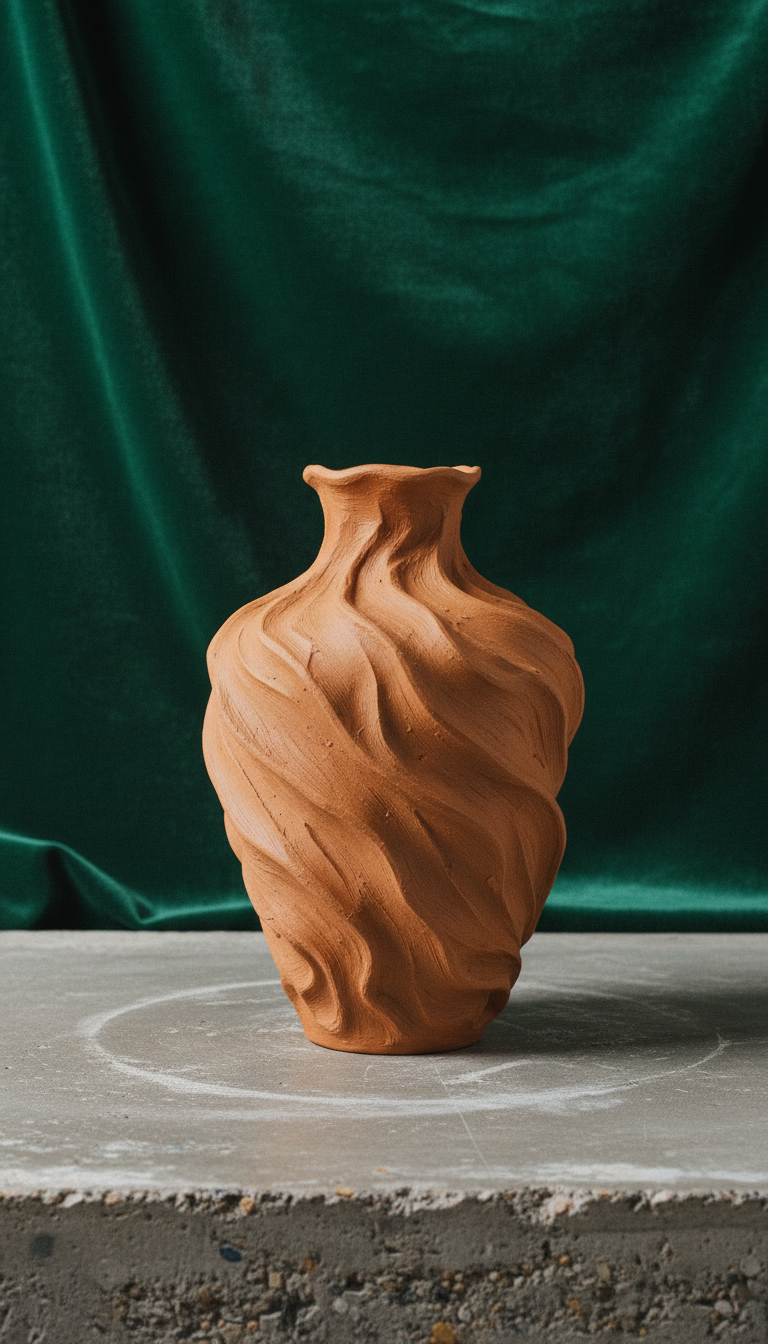 Textured burnt sienna ceramic vase, styled in a home setting