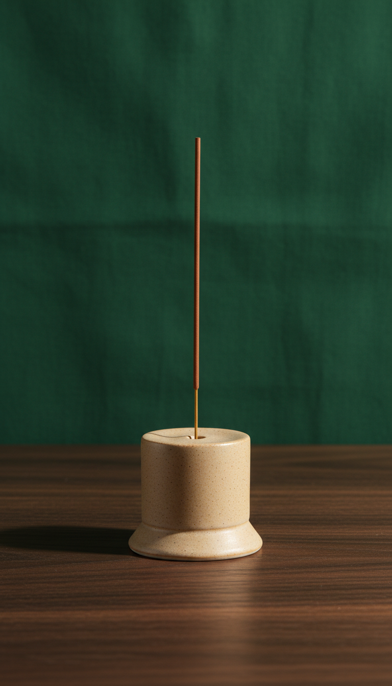 Beige ceramic incense holder with natural incense, styled in a home setting