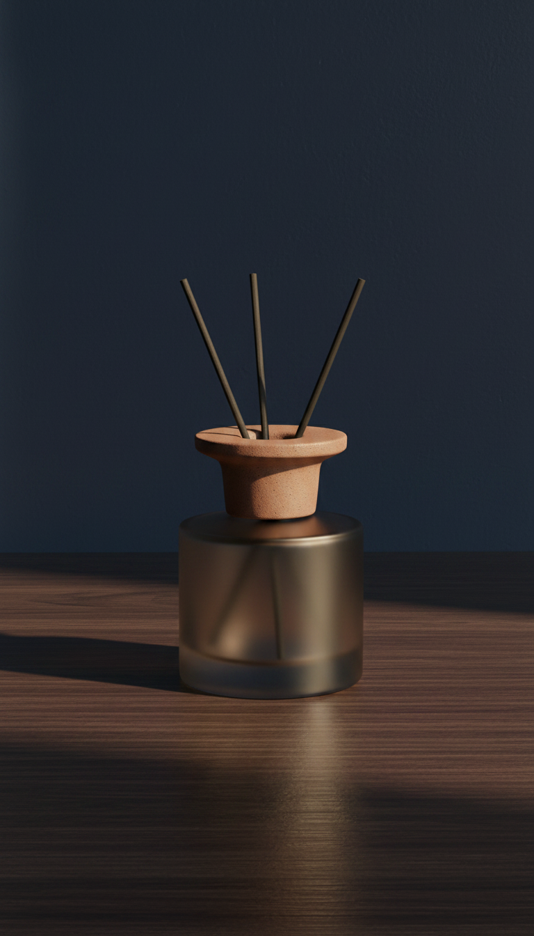 Glass and ceramic reed diffuser with reeds, styled in a home setting