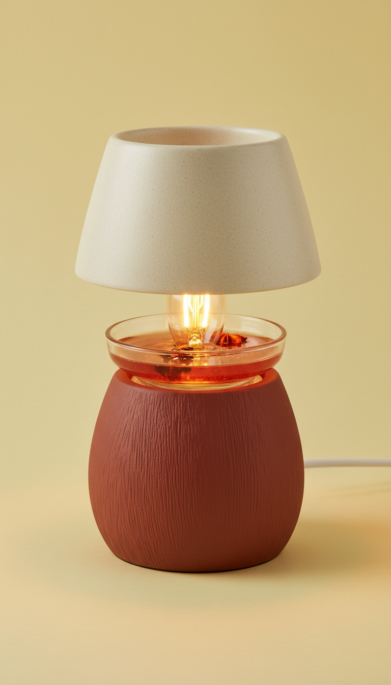 Earthy toned candle warmer lamp with a lit candle