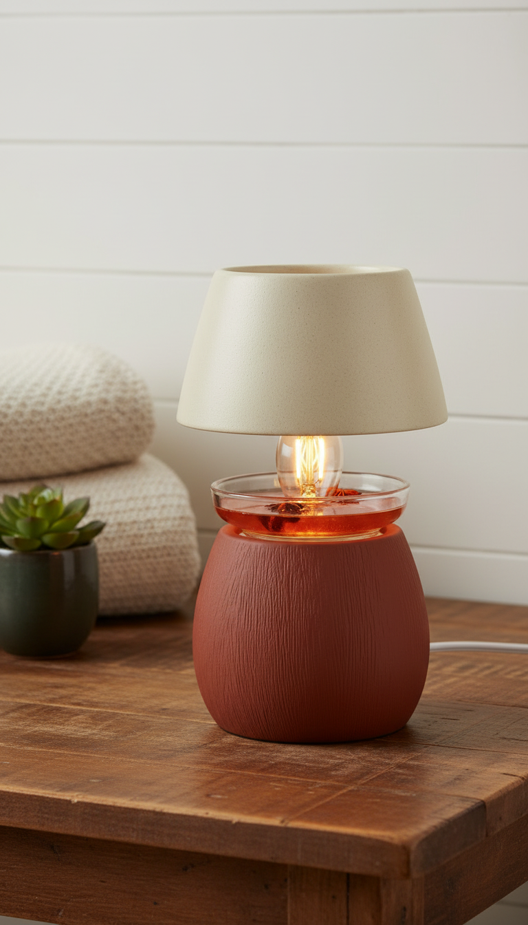 Earthy toned candle warmer lamp with a lit candle, styled in a home setting
